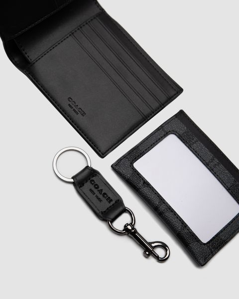 Кошелёк Coach Boxed 3 In 1 Wallet Gift Set In Signature Canvas Black Logo Premium фото