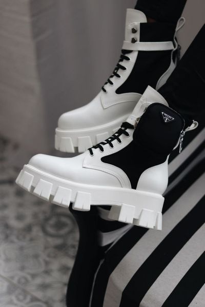 Зимові жіночі ботинки (Натуральна шкіра) PRADA Milano Monolith White Black Premium фото