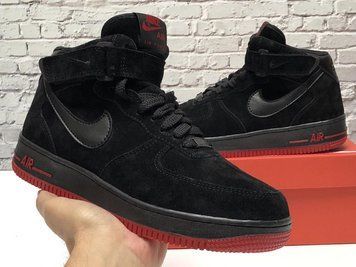 Зимние мужские кроссовки All Black Red "С МЕХОМ" Nike Air Force 1 фото