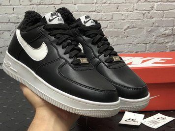 Зимние мужские кроссовки Black White кожа "С МЕХОМ" Nike Air Force 1 фото