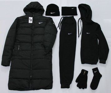 Мужской набор Nike: 6 в 1 ️Парка + Спортивный костюм + шапка + бафф + перчатки + носки (Чёрний) фото