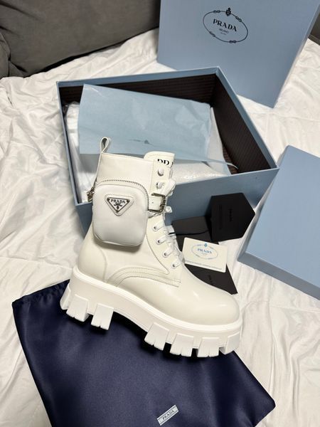 Зимние женские ботинки (натуральная кожа) С МЕХОМ! PRADA Boots Zip Pocket White Premium фото