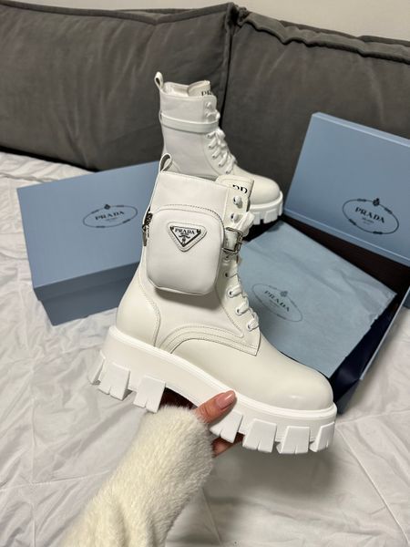 Зимние женские ботинки (натуральная кожа) С МЕХОМ! PRADA Boots Zip Pocket White Premium фото