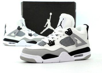 Зимові чоловічі та жіночі кросівки (хутро) Nike Air Jordan 4 White/Grey/Black фото